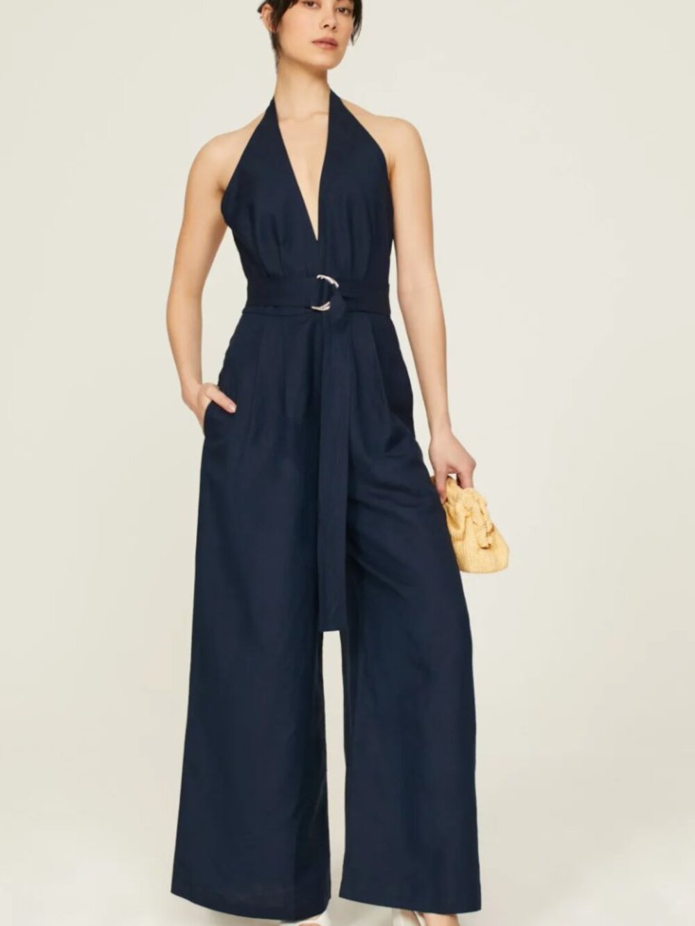 Adam Lippes Wide Leg Halter Belted Jumpsuit Pockets Linen Blend Size 2